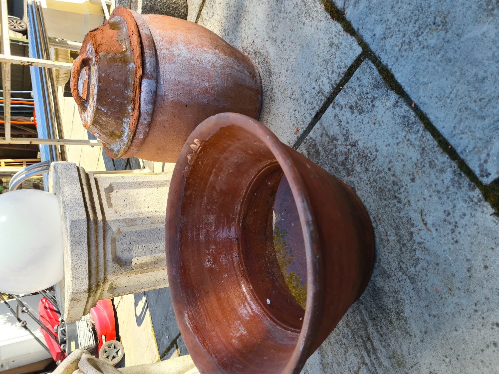 A partially glazed terracotta pot with lid and a large bowl - Image 2 of 2