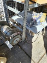 A marble top circular saw and 2 bench grinders