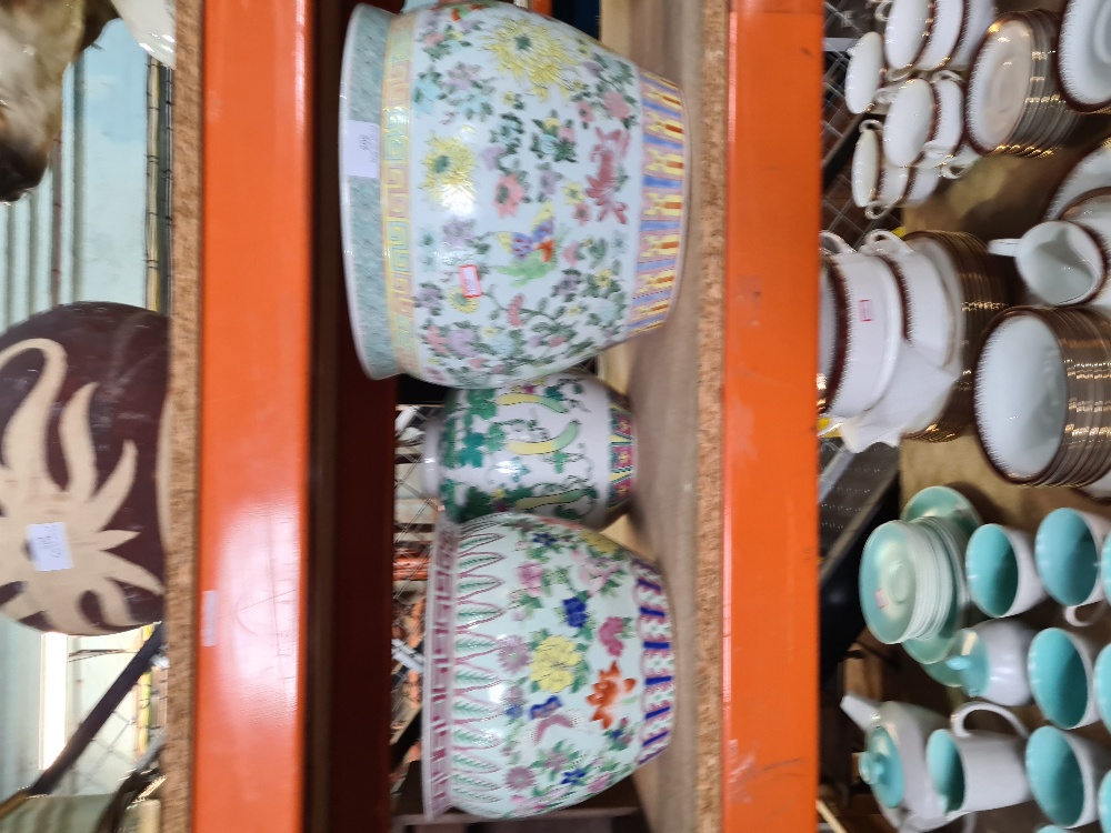 A large 20th century Chinese Jardiniere decorated butterflies and flowers and 2 other items, the lar