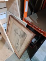 A small quantity of pictures to include two original etchings by E Sharland. This Lot includes two
