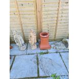 Two garden figures, a wall Font fountain and a chimney pot