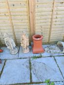 Two garden figures, a wall Font fountain and a chimney pot