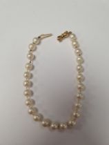 Single row pearl bracelet, 24 pearls with 9ct gold bow design clasp, marked 375, 20cm