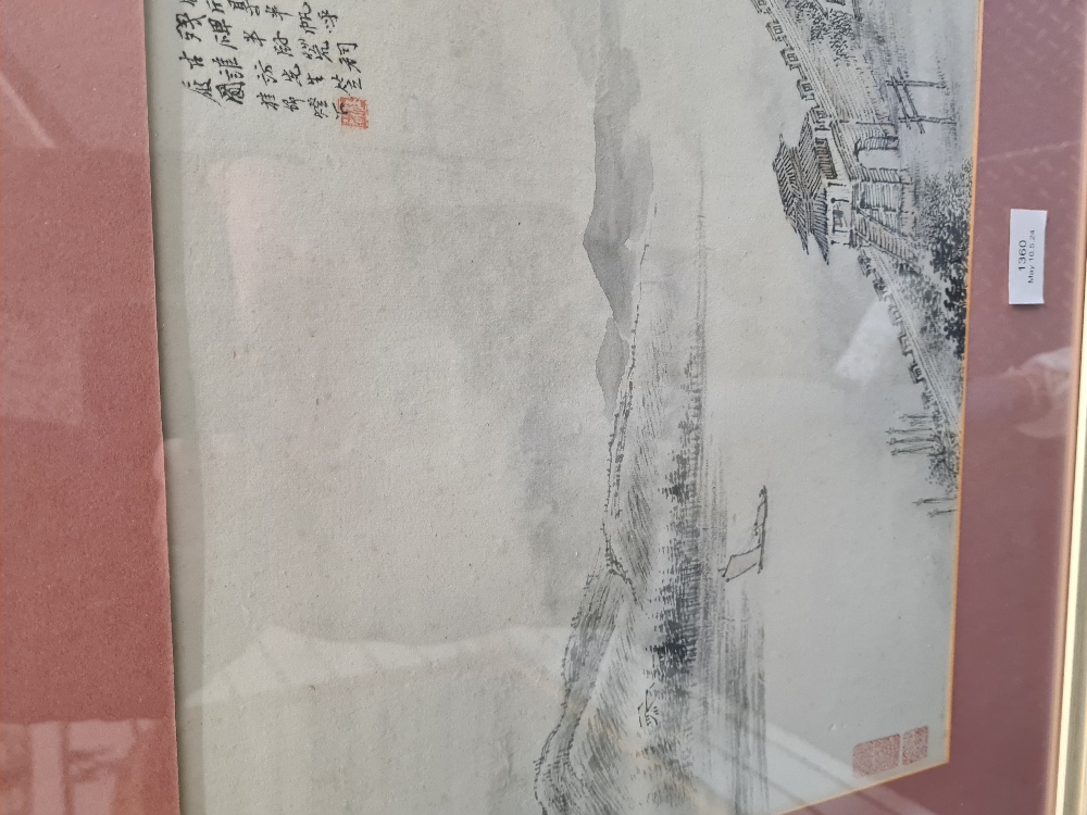 An antique hand painted Chinese picture of landscapes with wall and buildings with text and stamps t - Image 6 of 6