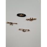 Three 9ct gold brooches, one with seed pearl mounted crescent, AF, one with Swallow decoration AF an