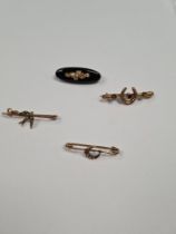 Three 9ct gold brooches, one with seed pearl mounted crescent, AF, one with Swallow decoration AF an