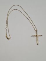 9ct yellow gold box chain, hung with a yellow metal cross pendant, unmarked, approx 4g