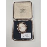 Large 9ct gold mounted Cameo brooch, classical female side profile, scalloped frame, marked 9ct, wit