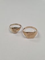 Two 9ct yellow gold signet rings, one with rounded square panel, the other oval with etched design,