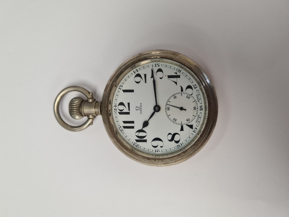 Omega; a vintage 'Omega' pocket watch with white enamelled numbered dial, with outer track 24 hours,