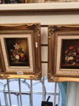 A pair of modern Still Life oils on board, signed, plus two other pictures