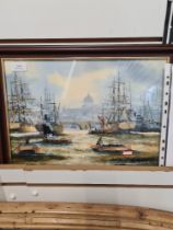Ken Hammond, 2 small oils, one of boats on the River Thames and the other titled Battle of Trafalgar