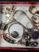 Silver jewellery to include 2 bangles rings, charm bracelet, box bracelet enamelled dragon fly penda