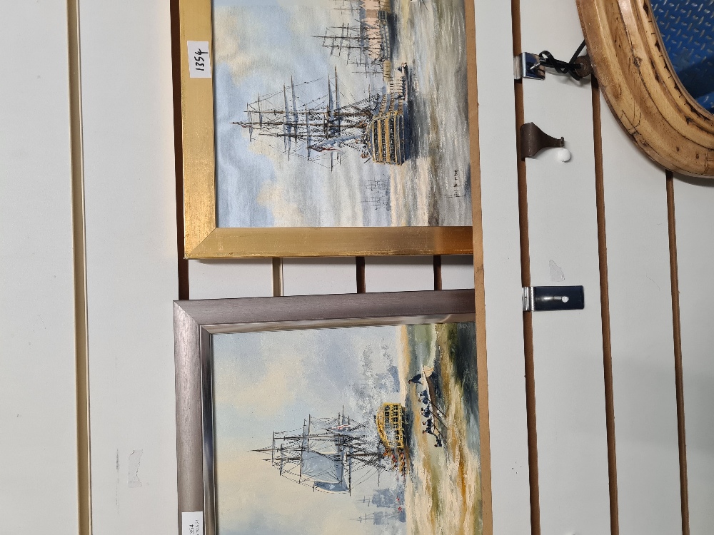 Ken Hammond, 2 small oil paintings, one titled Trafalgar 1805, and the other of HMS Victory at ancho - Image 11 of 15
