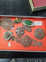 Pewter and hardstone brooch, filigree brooches, filigree bracelet, etc