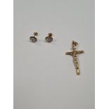 9ct yellow gold Crucifix pendant, and a pair of 9ct gold cubic zirconia set earrings, crucifix marke