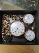 Gold plated pocket watch by E H Newman & Sons plated chain and fob seal and two gold plated ladies f