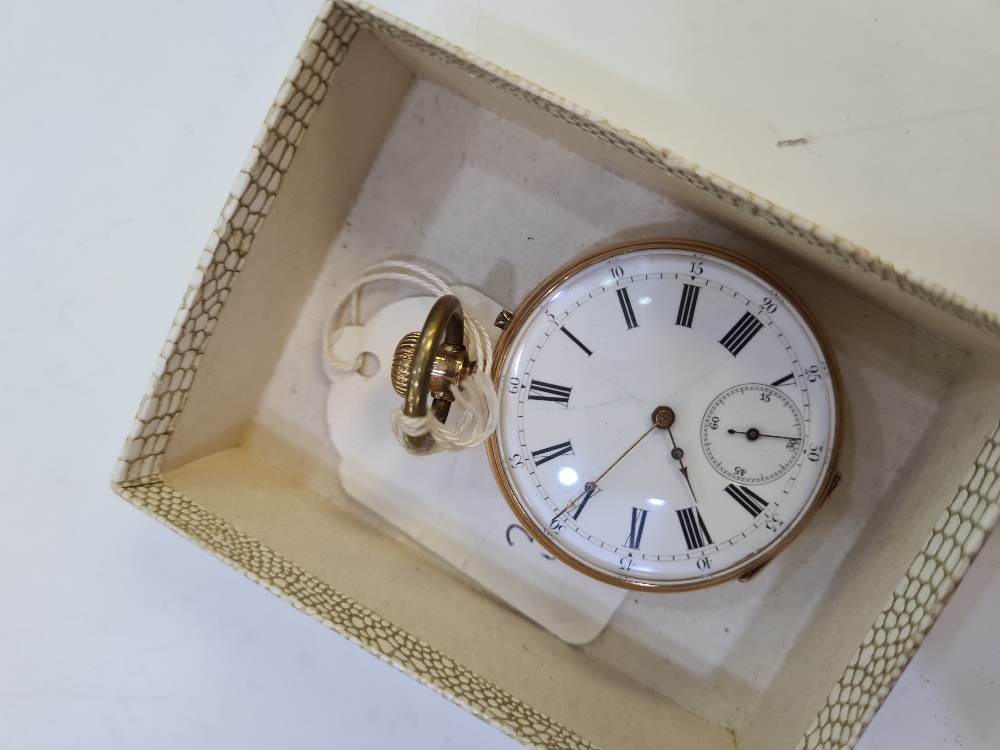 14K yellow gold cased pocket watch, with white enamelled dial, black Roman numerals and Sub seconds