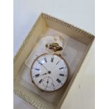 14K yellow gold cased pocket watch, with white enamelled dial, black Roman numerals and Sub seconds