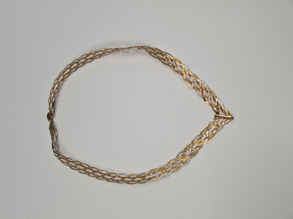 9ct tin coloured gold flatlink plaited neckchain, marked 375, maker A C, approx 8g - Image 5 of 8