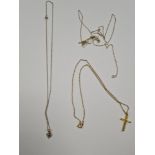 Four fine 9ct gold neckchains including one hung with 9ct yellow gold cross pendant, all marked 4.62