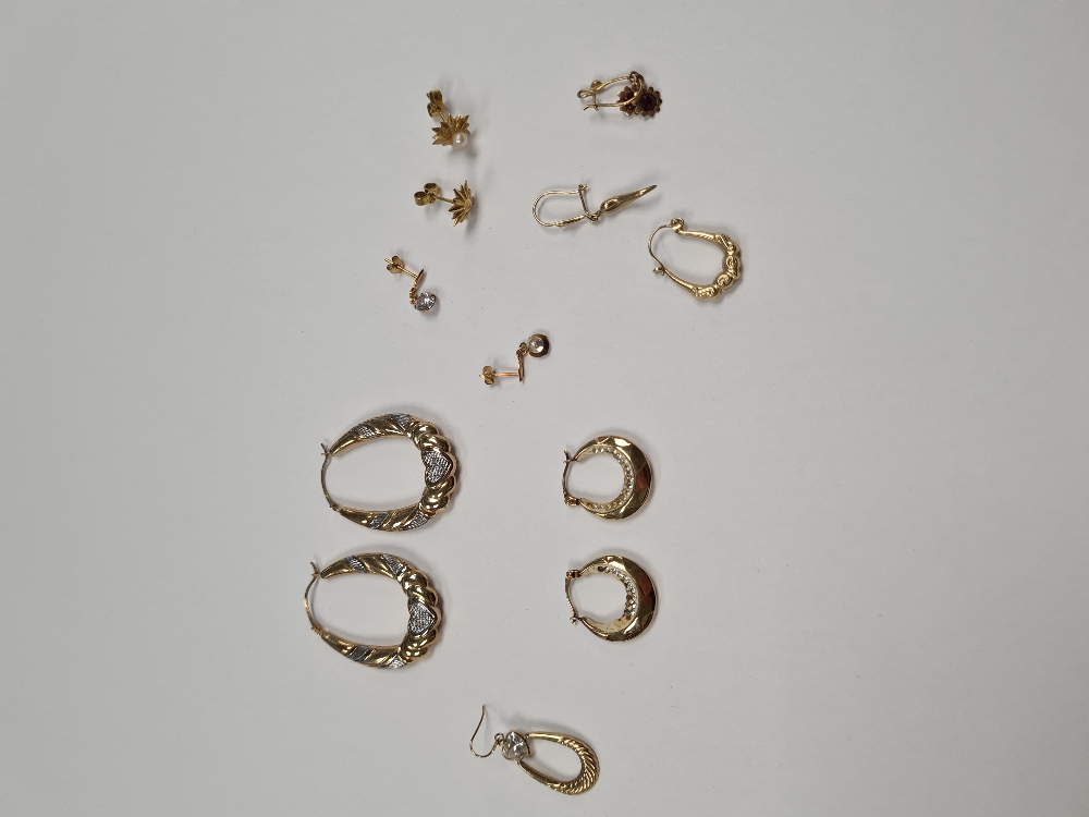 Quantity of 9ct yellow gold earrings including 2 pairs of Creoles, and other earrings, approx 6.8g