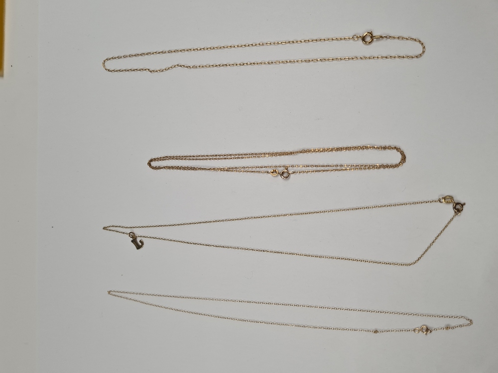 Four fine 9ct yellow gold neckchains, all marked 375, approx 4.52g