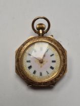 Continental 14L gold cased fob watch with pretty gilded enamelled dial with Roman Numerals, the case