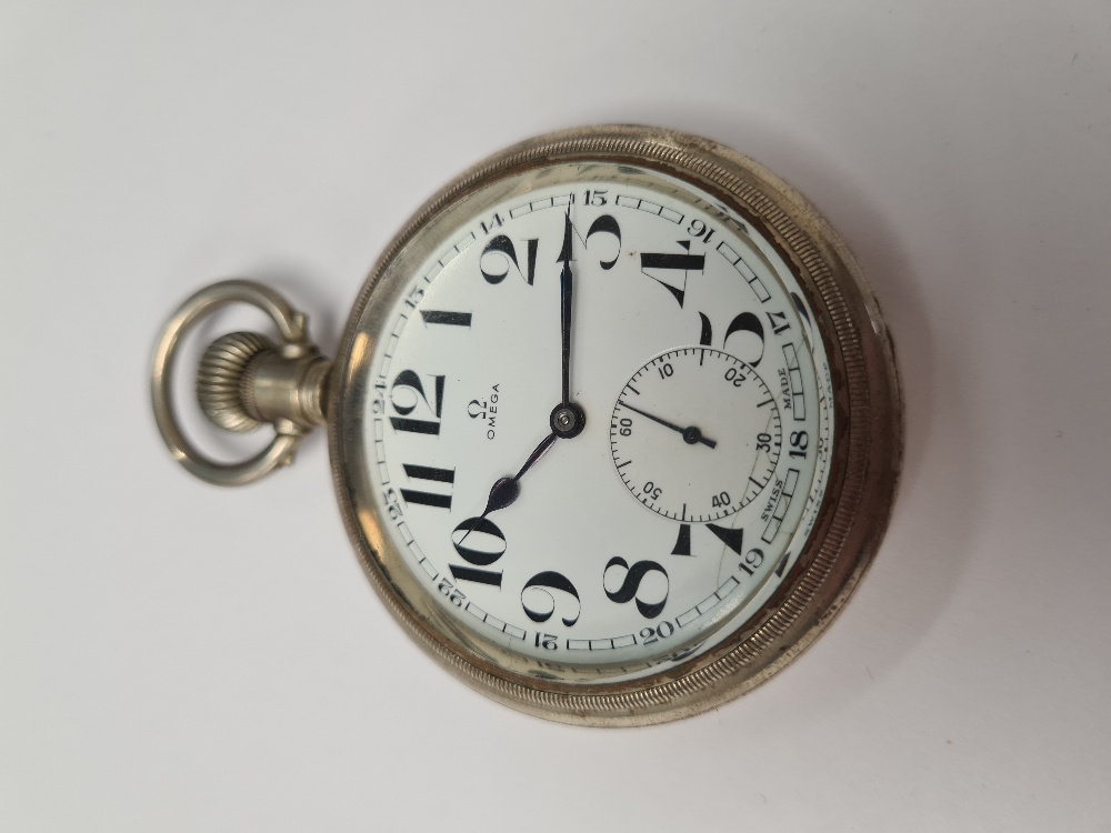 Omega; a vintage 'Omega' pocket watch with white enamelled numbered dial, with outer track 24 hours, - Image 2 of 3