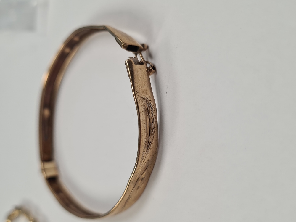 Two 9ct yellow gold bangles, both AF, one unmarked, hinged example marked 375, approx 9.4g - Image 4 of 4