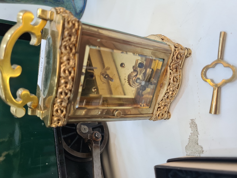 A French brass carriage clock having floral and scroll decoration - Image 2 of 4