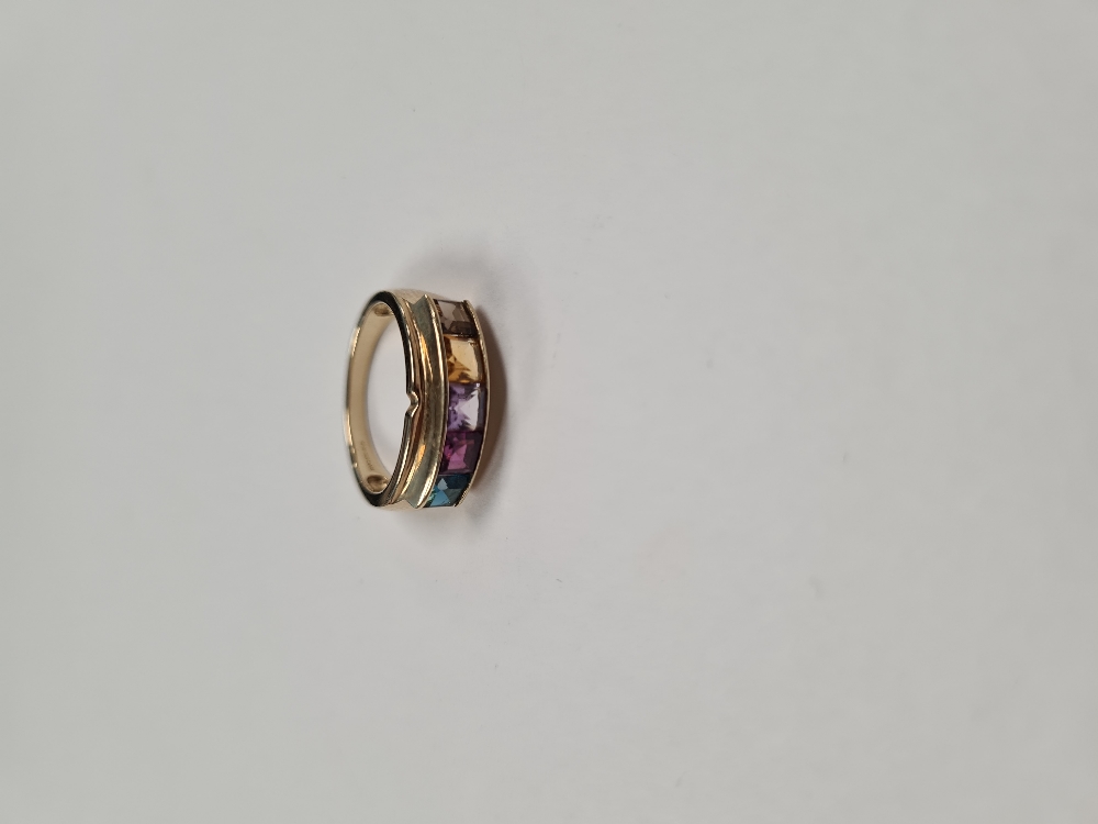9ct yellow gold multi-gem set band ring, 5 Chanel set square cut gems, size M, approx 3.1g