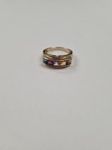 9ct yellow gold multi-gem set band ring, 5 Chanel set square cut gems, size M, approx 3.1g