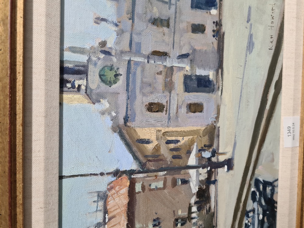 Ken Howard, British 1932 - 2022.  A small oil on board of continental street scene, buildings in squ - Image 3 of 3