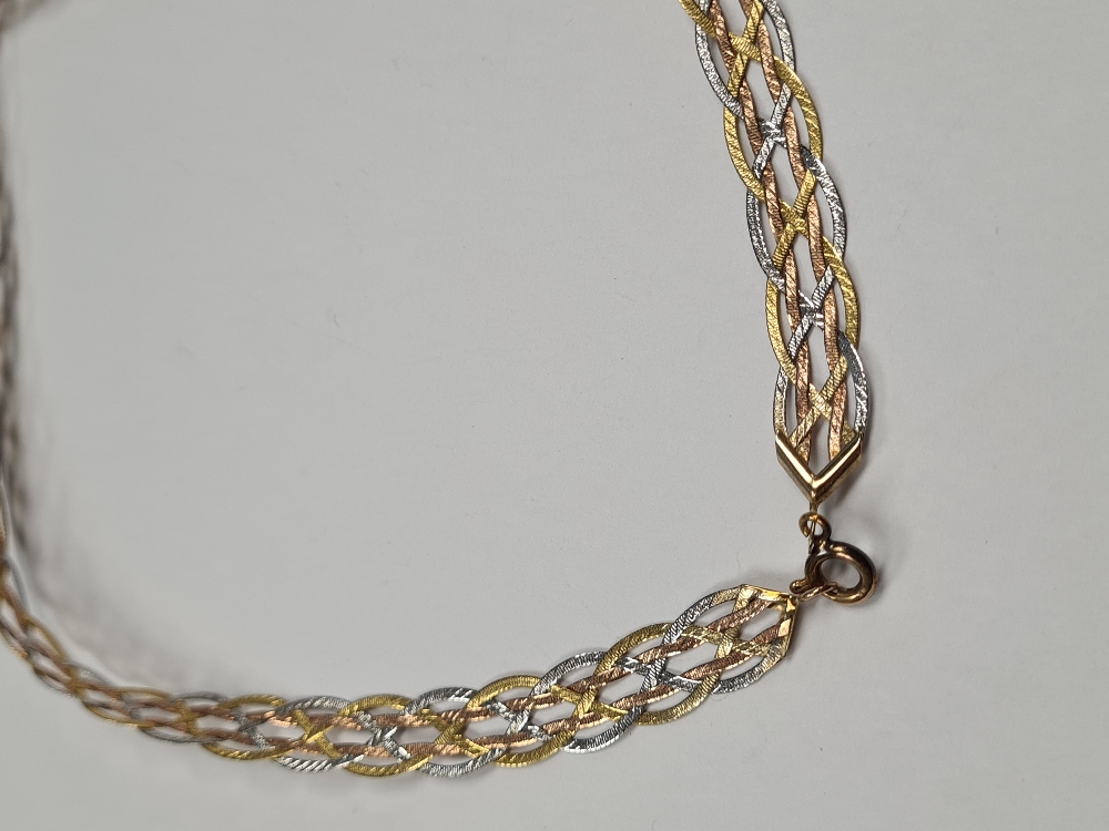 9ct tin coloured gold flatlink plaited neckchain, marked 375, maker A C, approx 8g - Image 4 of 4