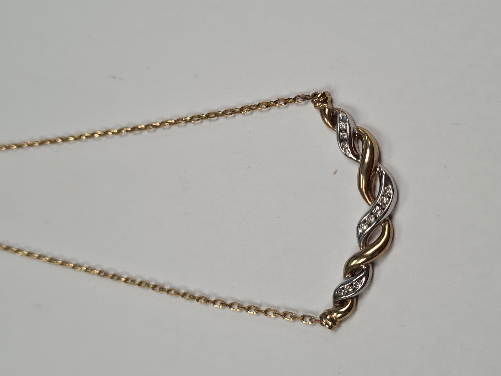 9ct yellow gold fine chain with two tone white and yellow gold cross over panel inset 11 graduating - Image 2 of 4