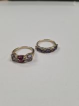 Two 9ct yellow gold dress rings one set with round and baguette cut tanzanites, and a similar exampl