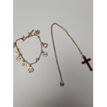 9ct gold fine chain hung with Carnelion Cross and a 9ct gold charm braclet hung 10 charms, 2 marked