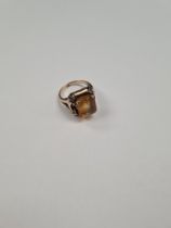 14K gold cocktail ring set with step cut citrine in 4 claw mount, marked 14K, decorative mount, size