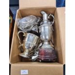 A box of assorted silver plate, including cutlery and trophies