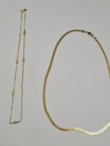 9ct yellow gold flat link necklace with Greek key decoration, and another fine 9ct yellow gold neckl