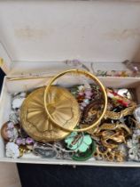 Box mixed costume jewellery including 18K gold plated bangle, compact, etc