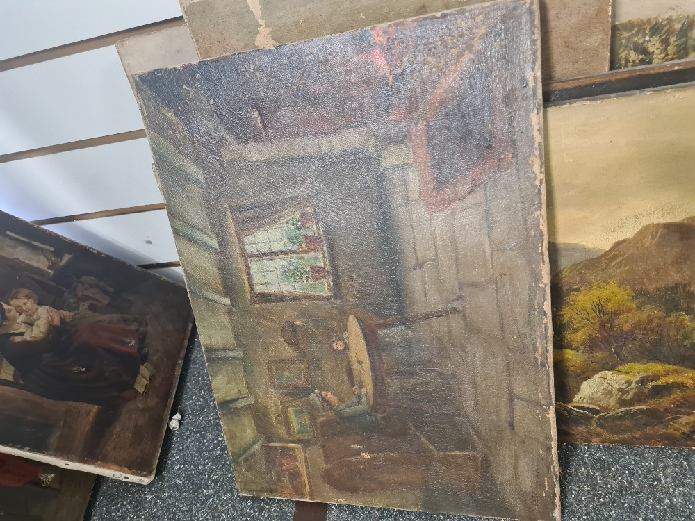 A quantity of antique unframed oil paintings, mostly on canvas, to include J Reil mother and baby in - Image 2 of 7
