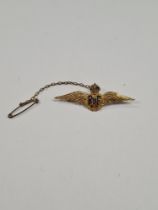 9ct yellow gold 'RAF' sweet heart brooch, with blue enamelled RAF emblem, marked 9ct, with safety ch