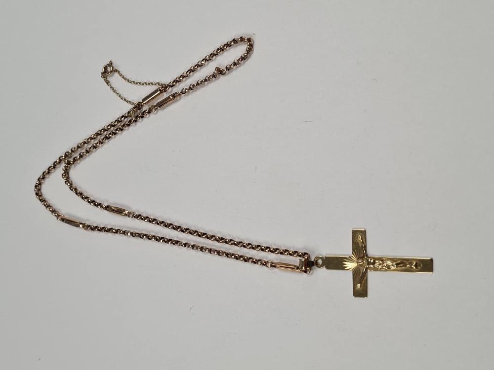 Antique 9ct rose gold belcher and bar chain, marked 9c, hung with a yellow gold Crucifix pendant, ma