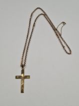 Antique 9ct rose gold belcher and bar chain, marked 9c, hung with a yellow gold Crucifix pendant, ma