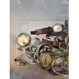 Box of vintage and modern wristwatch and pocket watches including Ingersoll, Timex, Rotary, etc