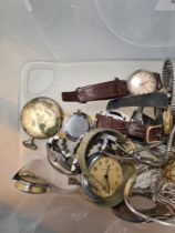 Box of vintage and modern wristwatch and pocket watches including Ingersoll, Timex, Rotary, etc