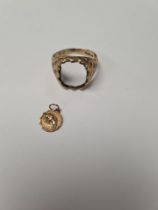 9ct gold ring, AF, marked 375, allover textured design, and small 9ct charm depicting a bull, approx