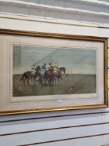 Alfred Munnings; a pencil signed print of Racehorses titled 'October Meeting', 75 x 43.5cms